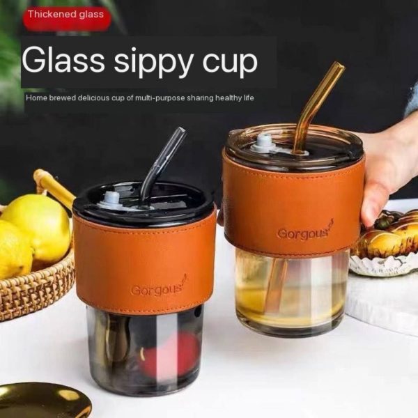 Slub glass cup with straw