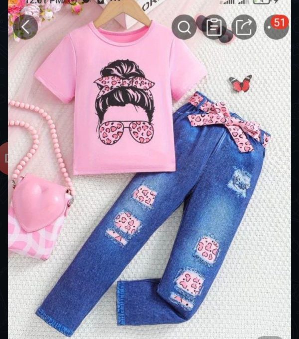 QUALITY 2PCS DENIM PRINT LEGGINGS WITH TOP &BELT