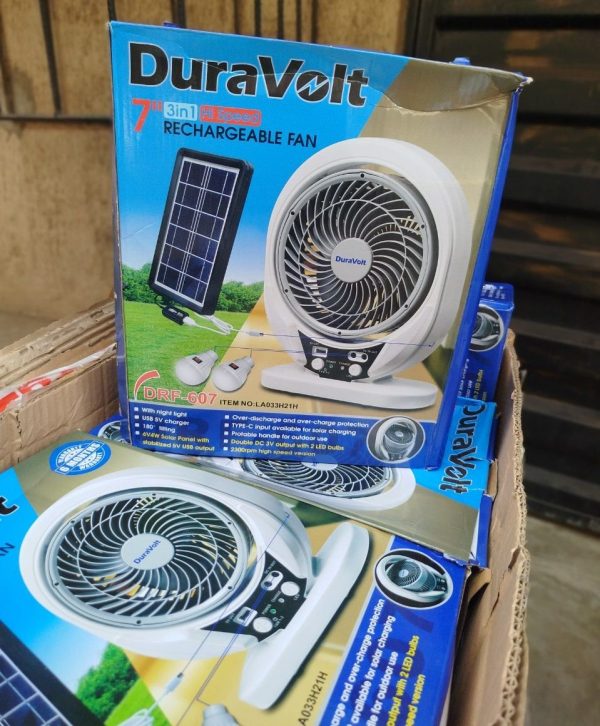4 in 1 DURAVOLT 7 INCHES SOLAR RECHARGEABLE FAN