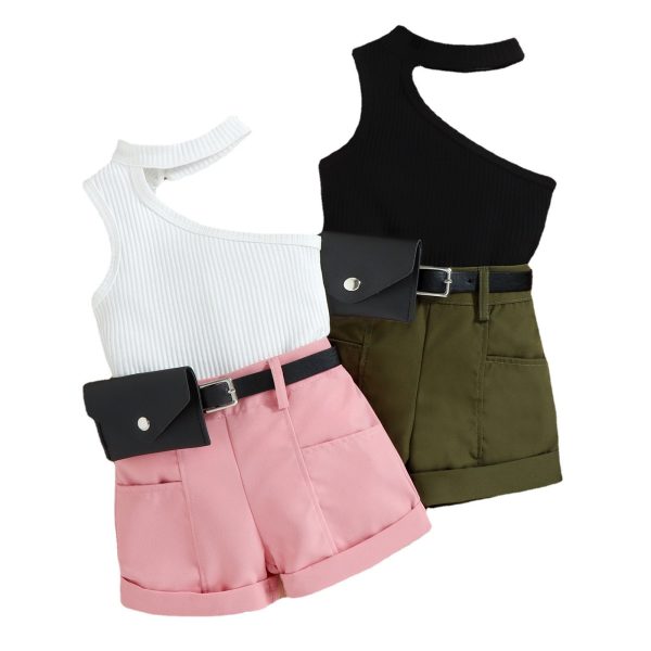 SHOULDER SLEEVELESS TOP WITH SHORT &BELT