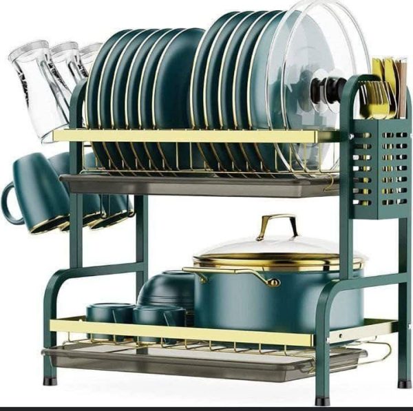 TWO LAYERS GREEN AND GOLD DISH DRAINER