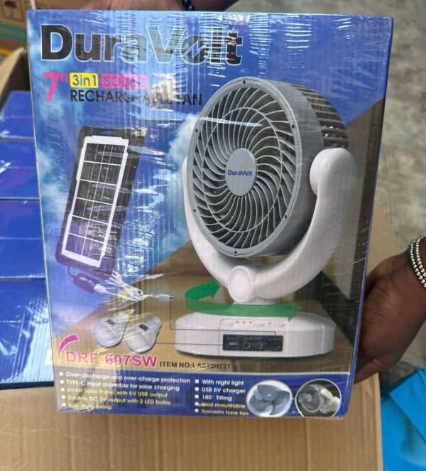 7 inches 3 in 1 Duravolt rechargeable solar fan