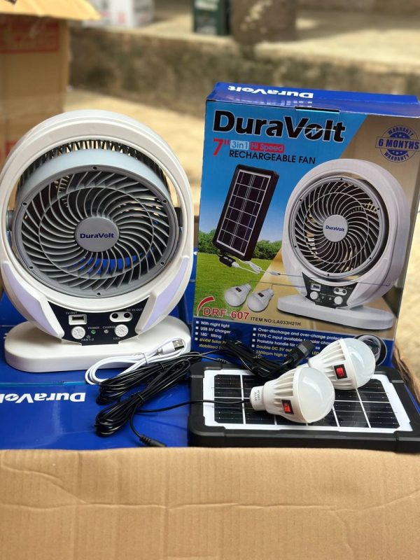 7 inches 3 IN 1 DURAVOLT RECHARGEABLE SOLAR FAN   WITH BULB AND SOLAR PANEL