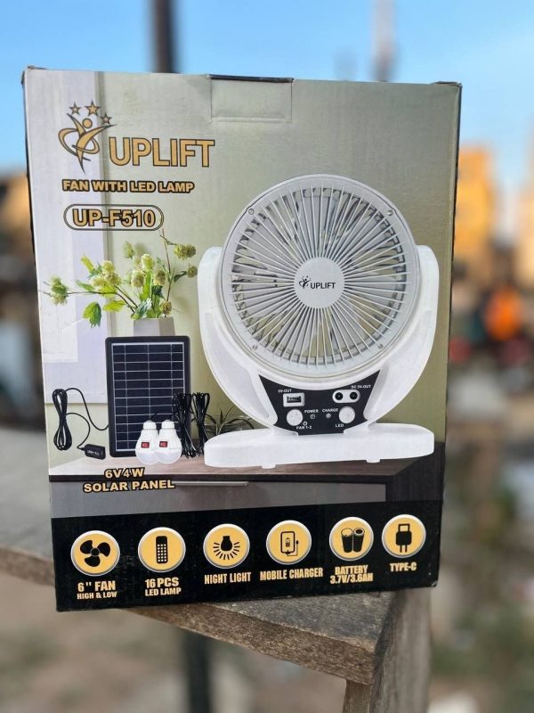 Uplift solar rechargeable fan with two bulb and solar panel