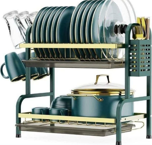 TWO LAYERS GREEN AND GOLD DISH DRAINER