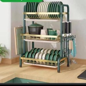 Three layer green and gold dish drainer