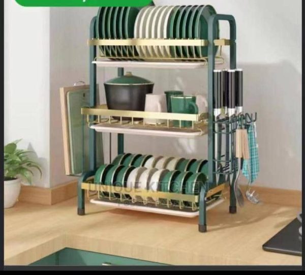Three layer green and gold dish drainer
