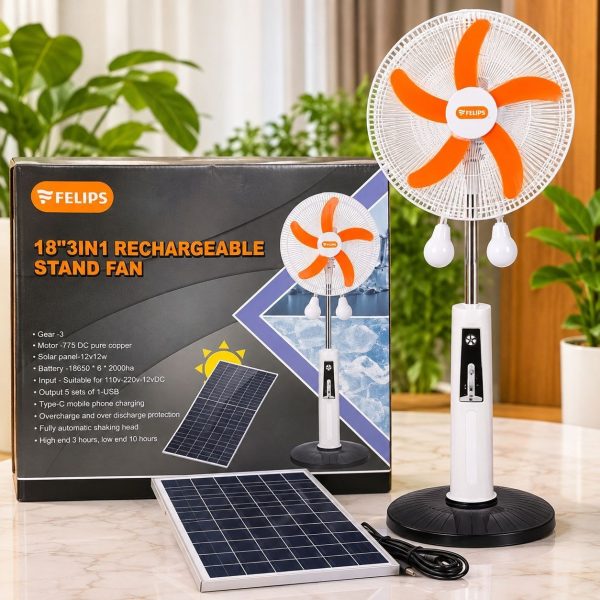 18 inches 3 in 1 felips rechargeable solar standing fan with solar panel and bulb